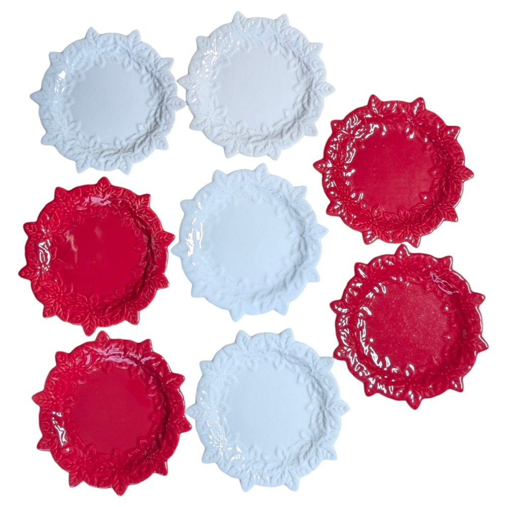 Temp-tations by Tara Set of 8 Dessert Plates Red &‎ White Christmas Leaf